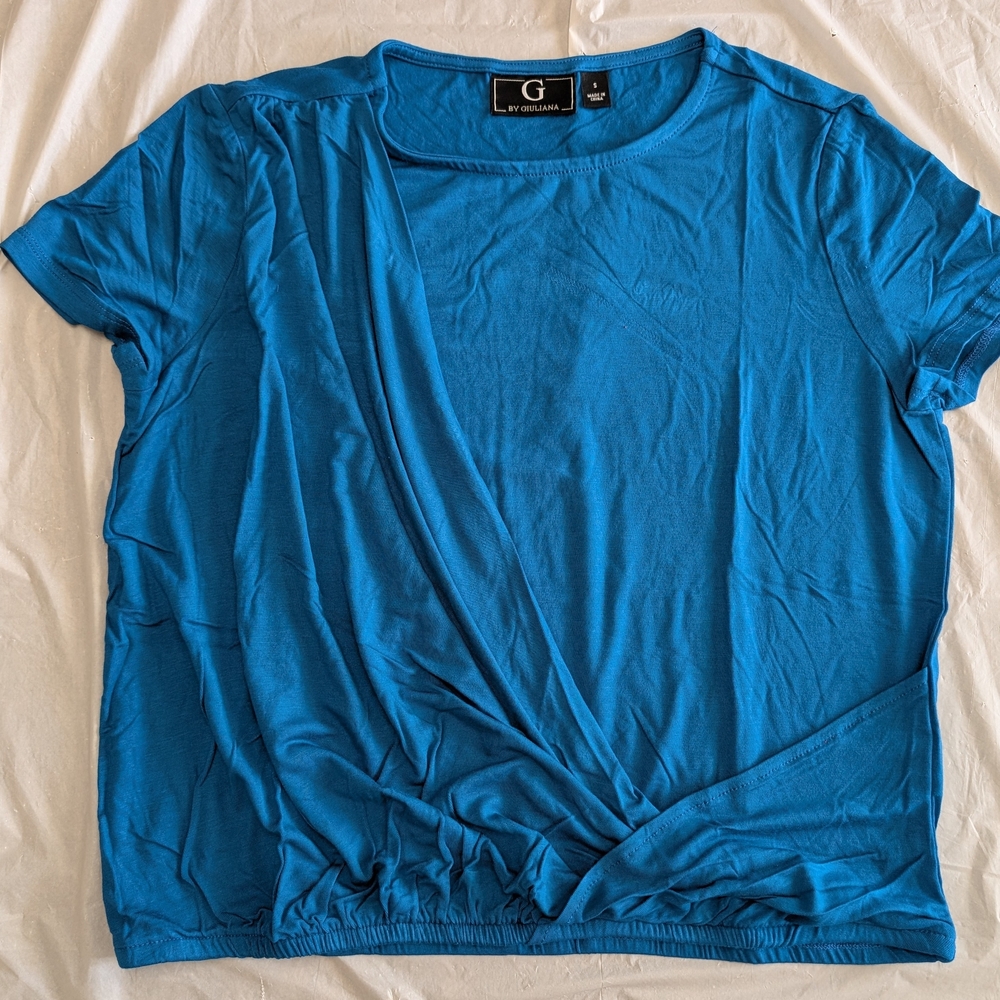 G By The Women's Turquoise Cross-Over Short Sleeve Top Elastic Waist Size Small